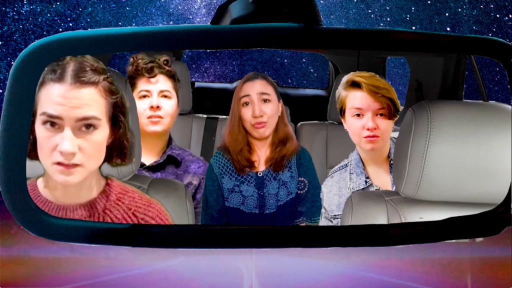 Virtual theatre version two: Greenscreen image of 4 actors in the rearview mirror of a car.