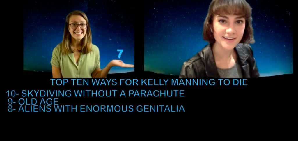 Virtual theatre version one: Zoom screen, even squares splitting the screen with each actor, and the text from the song "Top Ten ways for Kelly Manning To Die"